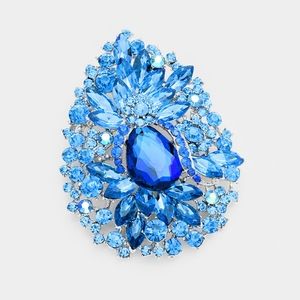 Blue Rhinestone Crystal Bling 3.75 Inch Teardrop Bouquet Brooch Pin